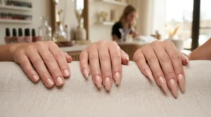 Short, medium, and long acrylic nails showing how length can affect salon cost.