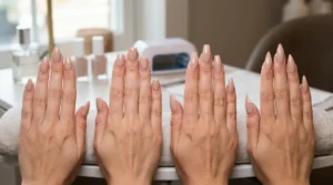 Square, almond, coffin, and stiletto acrylic nail shapes compared side by side.