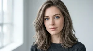 Mushroom brown hair on a woman with pale skin and blue eyes.