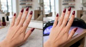 Regular nail polish and gel polish finishes compared on acrylic nails.