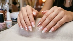 Acrylic nails with detailed art, chrome, ombré, French tips, and rhinestone finishes.