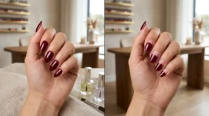 Fresh acrylic nails compared with grown-out nails that need a fill.