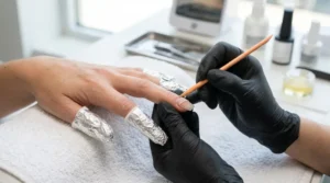 Nail technician safely soaking off acrylic nails during professional removal.