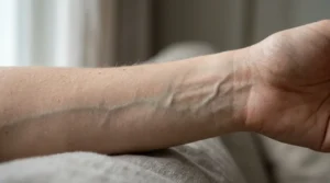 Blue and green veins visible beneath the skin on the inner wrist.