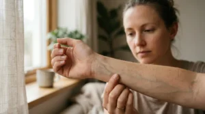 Person checking wrist veins in soft indirect natural light