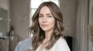 Light ash-brown hair on a woman with pale skin and blue eyes.