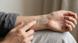 Several wrist and forearm veins checked to compare their natural colors.