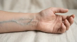 Green veins visible on the wrist, commonly associated with a warm skin undertone.