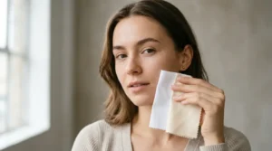 White and cream fabrics compared beside the face to help identify skin undertone.