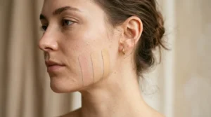 Foundation shades swatched along the jawline to find the closest undertone match.