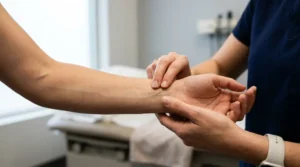Healthcare professional examining naturally visible veins on a person’s wrist and forearm.
