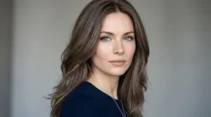 Medium cool-brown hair on a woman with pale skin and blue eyes.