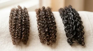 Three hair swatches showing different levels of water absorption and hair porosity.