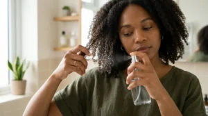 Woman misting a clean section of hair to perform a hair porosity water spray test at home.