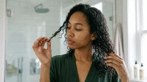 Woman examining her wet hair on wash day to observe how quickly it absorbs and retains water.