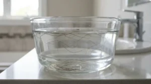 Clean hair strands placed in a glass bowl of water for an at-home hair porosity float test.