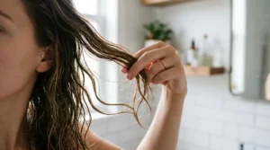 Medium-porosity hair absorbing moisture evenly after being lightly misted with water.