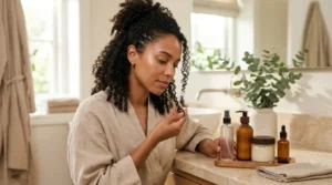 Woman selecting haircare products to build a routine based on her hair porosity result.