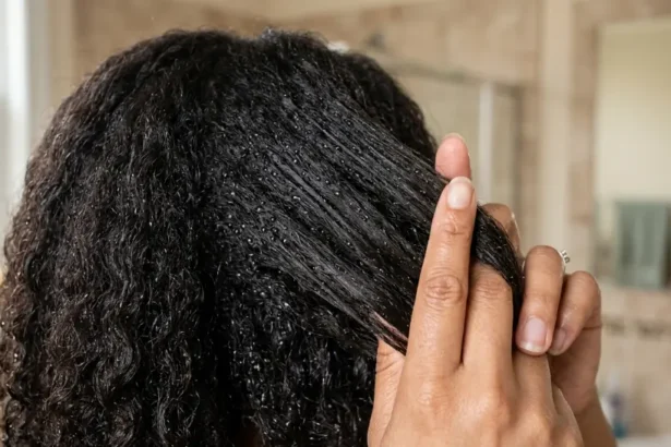 Woman testing hair porosity by spraying water onto a clean section of hair.
