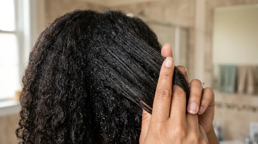 Woman testing hair porosity by spraying water onto a clean section of hair.