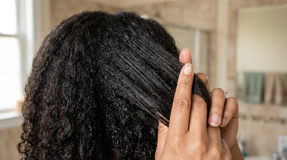Woman testing hair porosity by spraying water onto a clean section of hair.