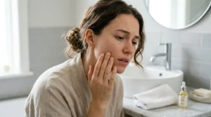 Woman touching tight, dry-feeling skin after cleansing her face.