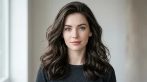 Cool espresso hair on a woman with pale skin and blue eyes.