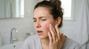 Woman experiencing stinging after applying a basic moisturizer to sensitive skin.