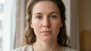 Dry, flaky, and peeling patches appearing around a woman’s cheeks, nose, and chin.