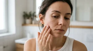 Woman touching a cheek that feels rougher and more uneven than usual.