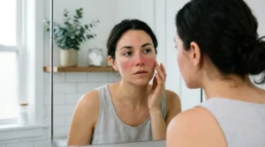 Woman examining increasing redness and mild inflammation across her cheeks and nose.