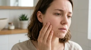 Woman gently touching an itchy, mildly irritated area on her cheek.