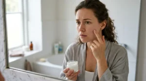 Woman noticing discomfort after applying a familiar skincare product to sensitive skin.