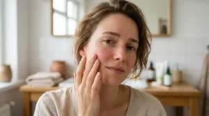Woman gently touching a tender and mildly sore area of facial skin.