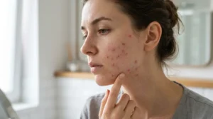 Sudden irritated bumps and small breakouts appearing on a woman’s cheek and jawline.