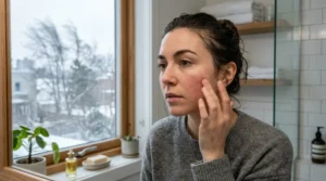Woman noticing dry, irritated skin after washing her face during cold weather.
