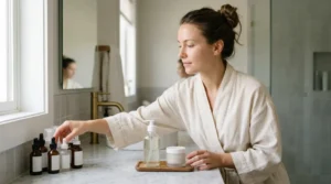 Woman setting aside nonessential active products while repairing her damaged skin barrier.