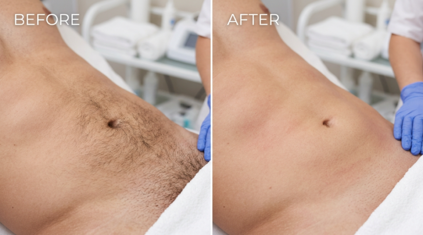 Manzilian before and after comparison showing male intimate area with visible hair stubble before waxing and smooth hair-free skin after professional Manzilian treatment.