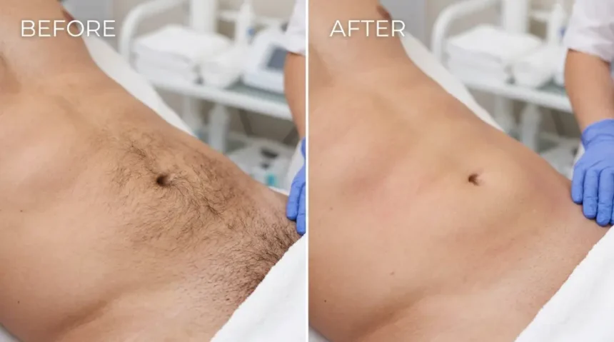 Manzilian before and after comparison showing male intimate area with visible hair stubble before waxing and smooth hair-free skin after professional Manzilian treatment.