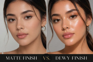 Side-by-side comparison of a woman wearing matte finish makeup and dewy finish makeup, highlighting the difference between a shine-free complexion and a radiant glowing look.