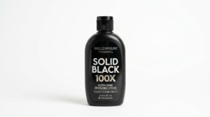 Millennium Tanning Solid Black 100X tanning lotion bottle displayed on a clean white background.