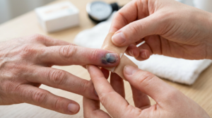 Bruised fingernail protected with a clean adhesive bandage after an injury