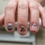 Realistic black fingernails with dark bruising beneath the nails after an injury
