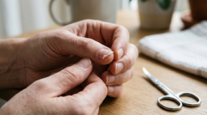 Examining a fingernail that is partially falling off before cutting it