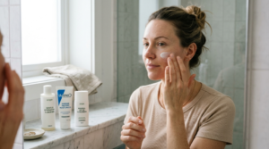 Woman applying gentle moisturizer as part of a simple post-peel skincare routine.