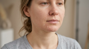 Skin peeling and mild flaking during chemical peel recovery.