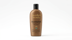 Swedish Beauty Bombshell tanning lotion bottle displayed on a clean white background.