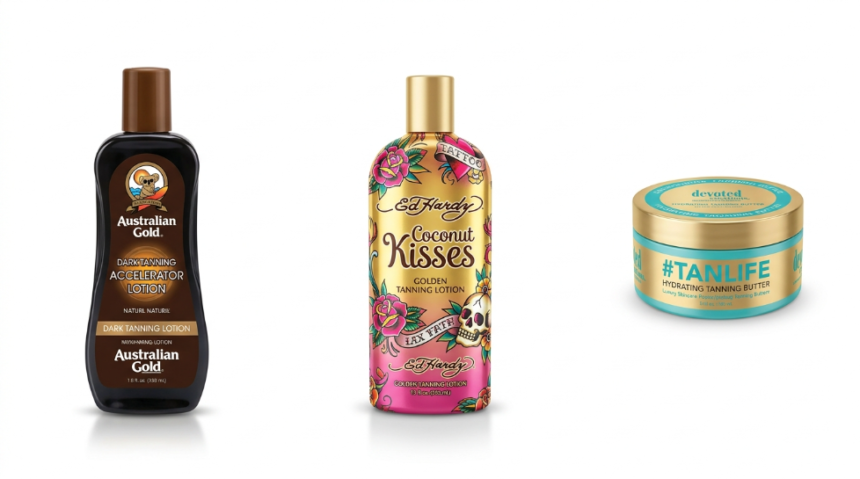 Top tanning bed lotions, including Australian Gold Dark Tanning Accelerator, Ed Hardy Coconut Kisses, and Devoted Creations #TANLIFE, displayed in professional studio product photography.