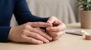 Person monitoring pain and changes in a bruised fingernail after an injury
