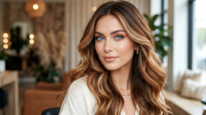 Woman with bright blue eyes and complementary hair color that enhances and makes her eyes appear more vibrant.